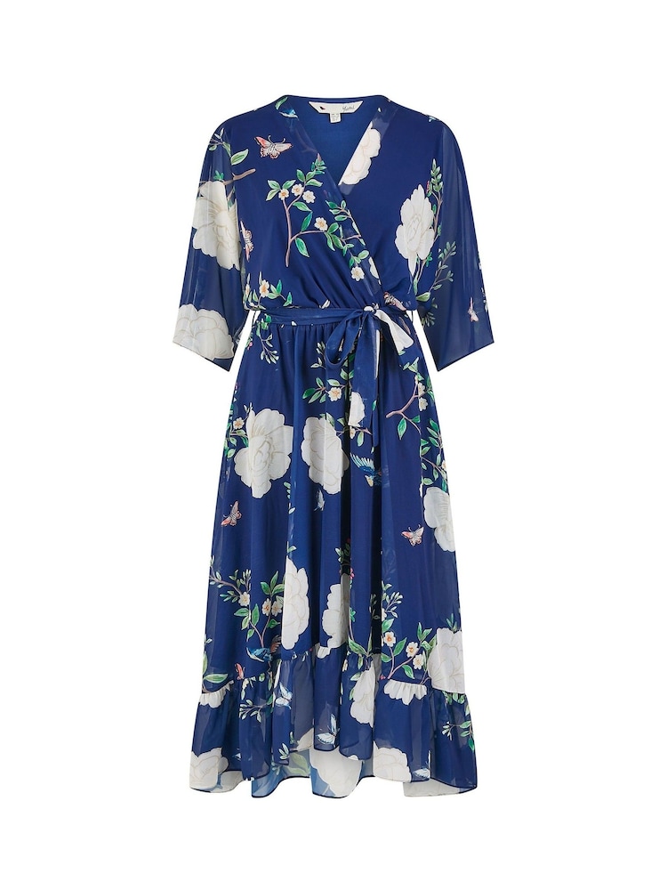 Blau - Yumi Bird and Floral Print Midi Wrap Dress - Bild 5 von 5 Blau - Yumi Bird and Floral Print Midi Wrap Dress - Bild 5 von 5