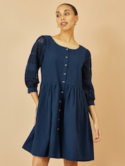 Yumi Blue 100% Cotton Tunic With Broderie Anglaise Puff Sleeves - Image 1 of 4