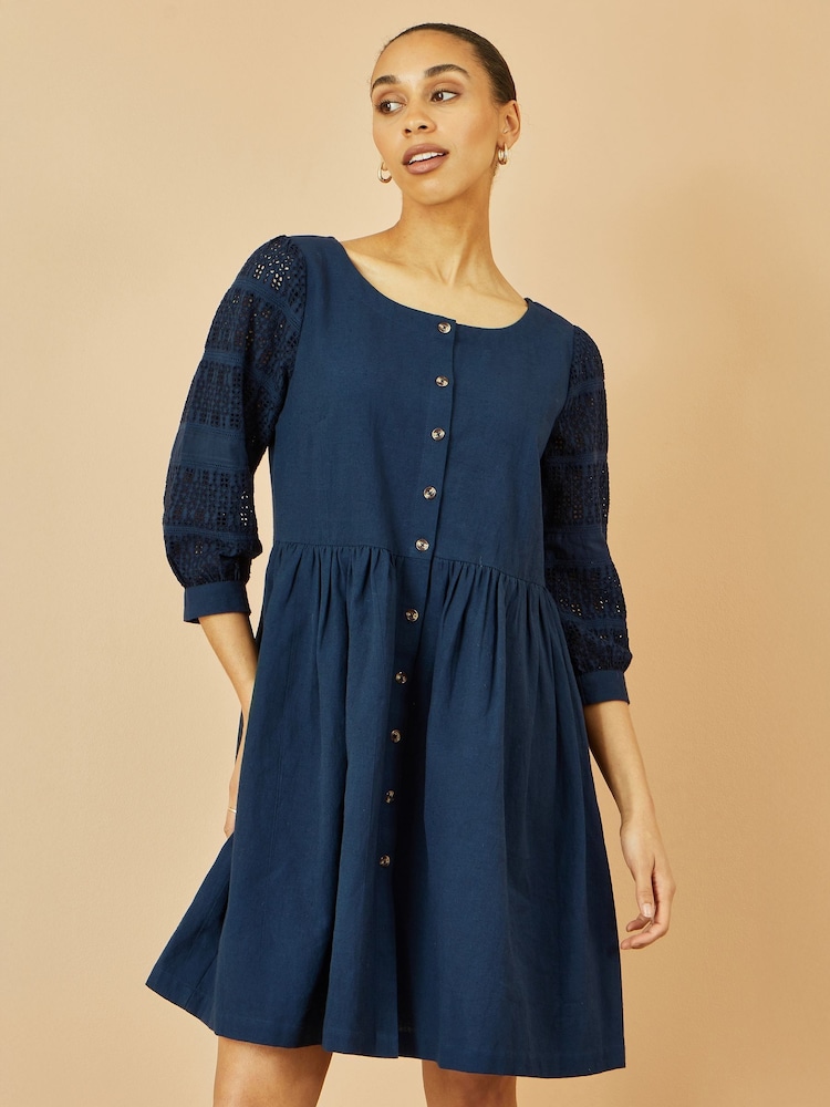 Yumi Blue 100% Cotton Tunic With Broderie Anglaise Puff Sleeves - Image 1 of 4