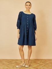 Yumi Blue 100% Cotton Tunic With Broderie Anglaise Puff Sleeves - Image 2 of 4