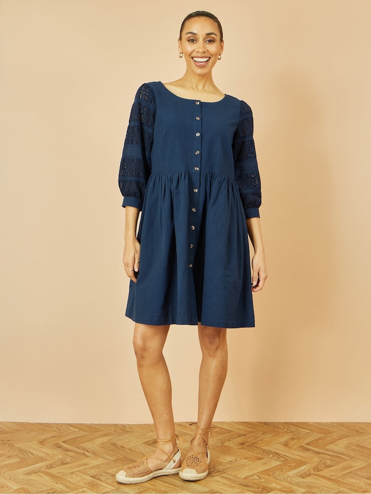 Yumi Blue 100% Cotton Tunic With Broderie Anglaise Puff Sleeves - Image 2 of 4