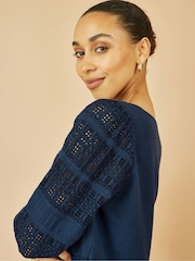 Yumi Blue 100% Cotton Tunic With Broderie Anglaise Puff Sleeves - Image 3 of 4