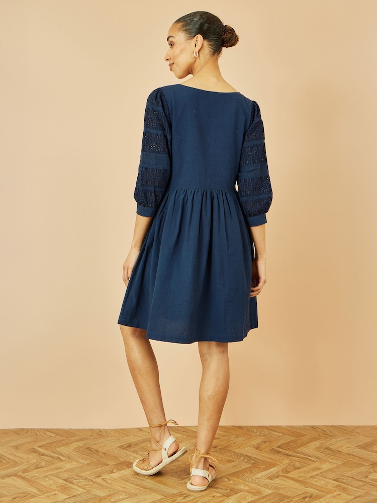 Yumi Blue 100% Cotton Tunic With Broderie Anglaise Puff Sleeves - Image 4 of 4