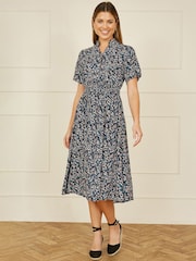 Yumi Blue Ditsy Print Ruched Waist Button Down Midi Dress - Image 2 of 5
