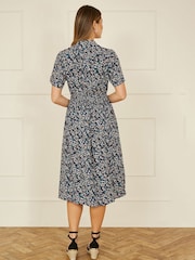Yumi Blue Ditsy Print Ruched Waist Button Down Midi Dress - Image 3 of 5