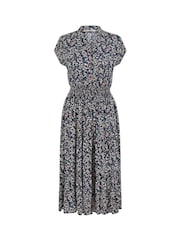 Yumi Blue Ditsy Print Ruched Waist Button Down Midi Dress - Image 5 of 5