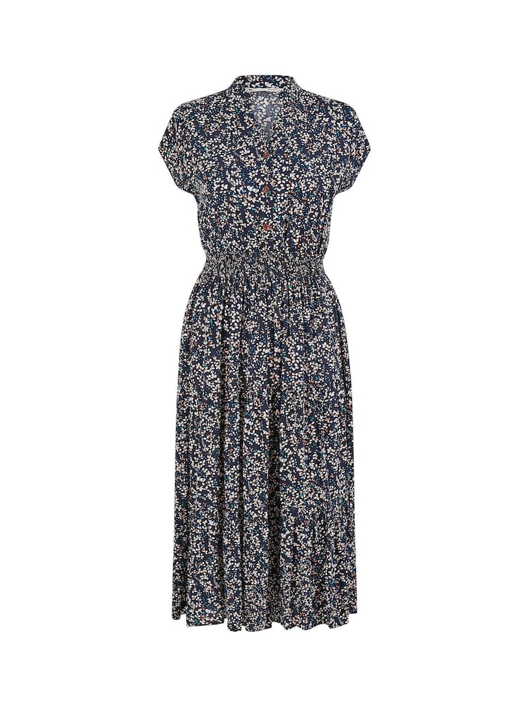 Yumi Blue Ditsy Print Ruched Waist Button Down Midi Dress - Image 5 of 5