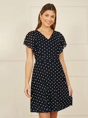 Yumi Blue Polka Dot Skater Dress With Ruffle Sleeves - Image 1 of 5