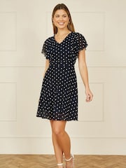 Yumi Blue Polka Dot Skater Dress With Ruffle Sleeves - Image 2 of 5