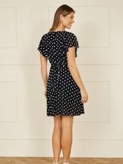 Yumi Blue Polka Dot Skater Dress With Ruffle Sleeves - Image 3 of 5