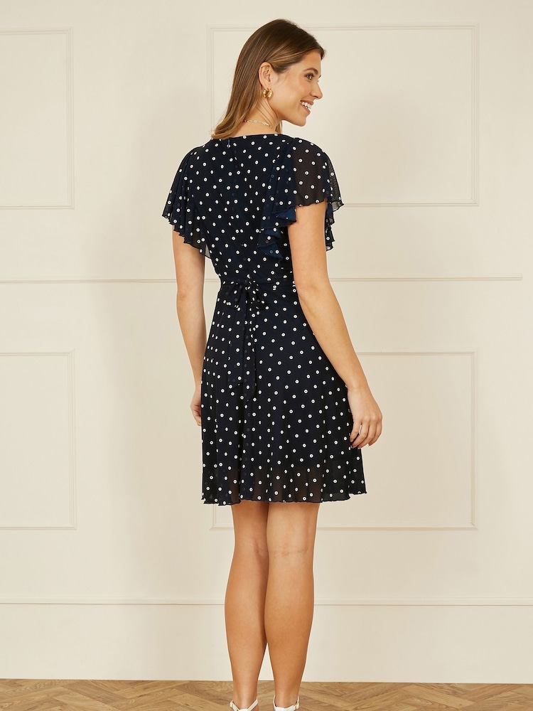 Yumi Blue Polka Dot Skater Dress With Ruffle Sleeves - Image 3 of 5