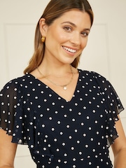 Yumi Blue Polka Dot Skater Dress With Ruffle Sleeves - Image 4 of 5