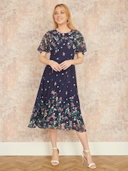 Yumi Blue Daisy Mirror Placement Skater Dress With Angel Sleeves - Image 2 of 5