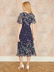 Yumi Blue Daisy Mirror Placement Skater Dress With Angel Sleeves - Image 4 of 5