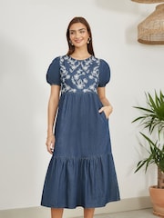 Yumi Blue Chambray Denim Midi 100% Cotton Dress With Embroidery And Puff Sleeves - Image 1 of 5