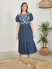 Yumi Blue Chambray Denim Midi 100% Cotton Dress With Embroidery And Puff Sleeves - Image 2 of 5