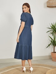 Yumi Blue Chambray Denim Midi 100% Cotton Dress With Embroidery And Puff Sleeves - Image 3 of 5