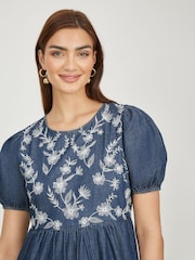 Yumi Blue Chambray Denim Midi 100% Cotton Dress With Embroidery And Puff Sleeves - Image 4 of 5