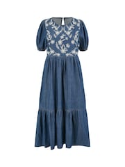 Yumi Blue Chambray Denim Midi 100% Cotton Dress With Embroidery And Puff Sleeves - Image 5 of 5