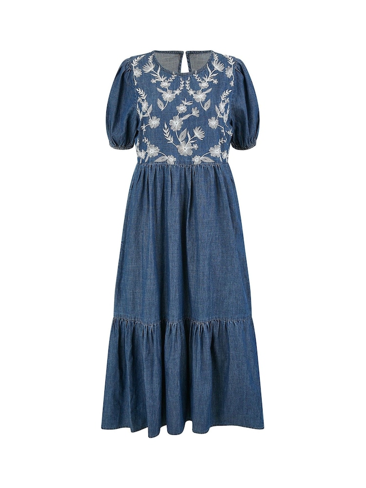 Yumi Blue Chambray Denim Midi 100% Cotton Dress With Embroidery And Puff Sleeves - Image 5 of 5