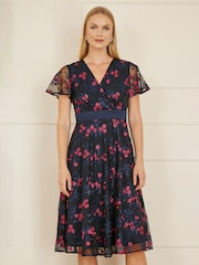 Yumi Blue Embroidered Floral Print Mesh Wrap Midi Skater Dress - Image 1 of 5