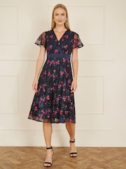 Yumi Blue Embroidered Floral Print Mesh Wrap Midi Skater Dress - Image 2 of 5