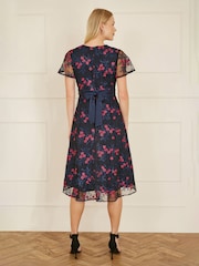 Yumi Blue Embroidered Floral Print Mesh Wrap Midi Skater Dress - Image 3 of 5