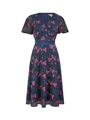 Yumi Blue Embroidered Floral Print Mesh Wrap Midi Skater Dress - Image 5 of 5