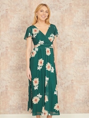 Yumi Green Mesh Flower Wrap Midi Dress With Pockets - Image 1 of 5