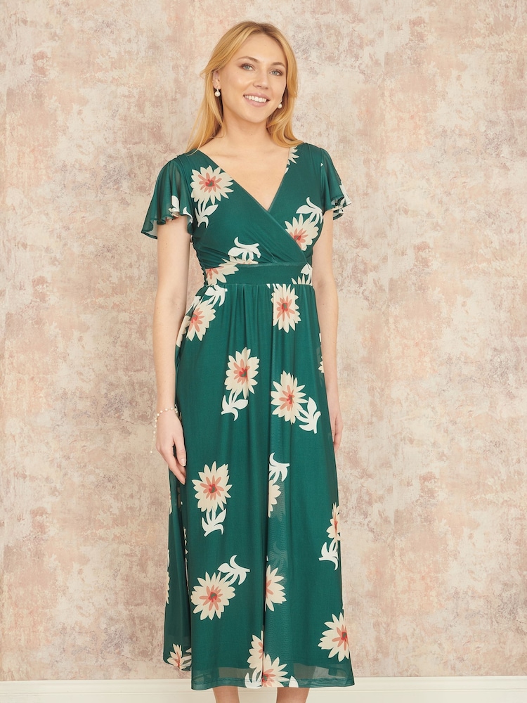 Yumi Green Mesh Flower Wrap Midi Dress With Pockets - Image 1 of 5