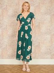 Yumi Green Mesh Flower Wrap Midi Dress With Pockets - Image 2 of 5