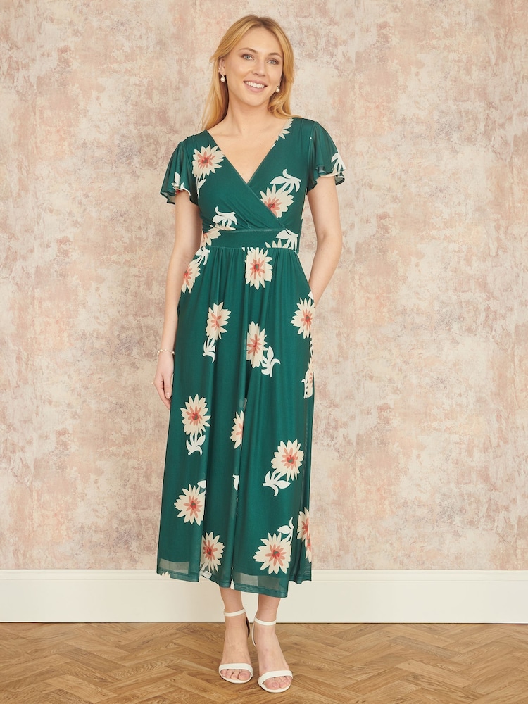 Yumi Green Mesh Flower Wrap Midi Dress With Pockets - Image 2 of 5