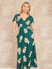 Yumi Green Mesh Flower Wrap Midi Dress With Pockets - Image 3 of 5