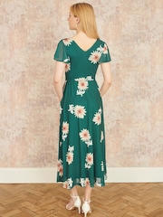 Yumi Green Mesh Flower Wrap Midi Dress With Pockets - Image 4 of 5