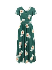 Yumi Green Mesh Flower Wrap Midi Dress With Pockets - Image 5 of 5