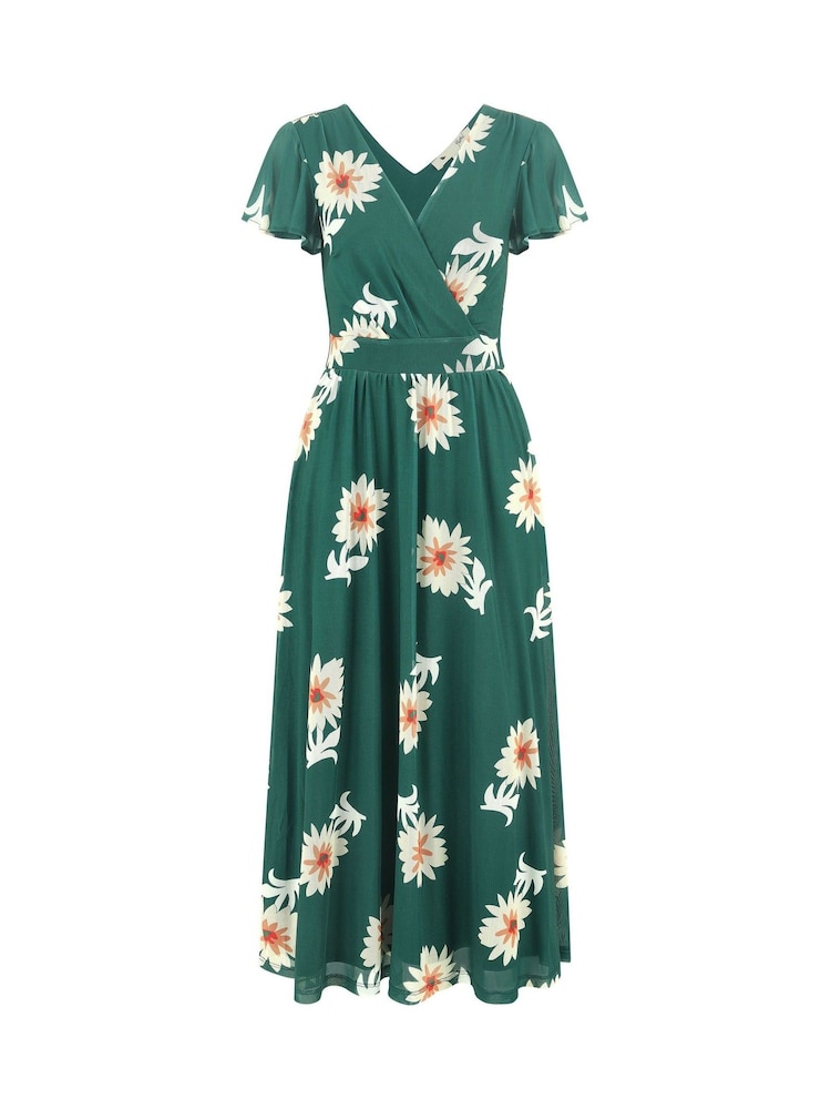 Yumi Green Mesh Flower Wrap Midi Dress With Pockets - Image 5 of 5