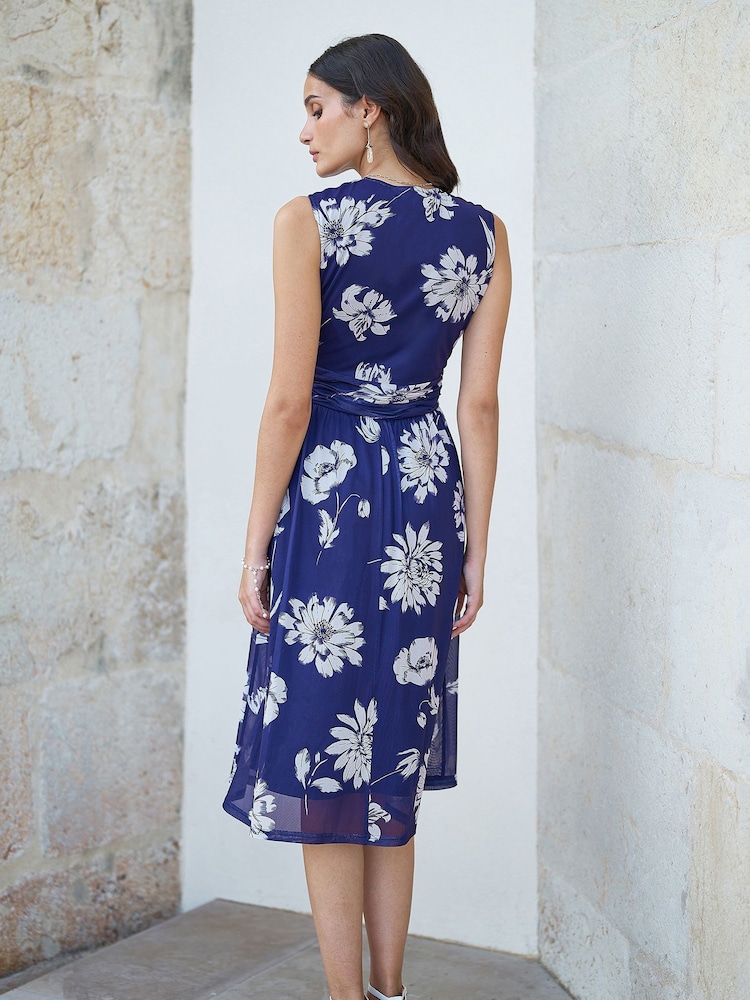 Yumi Blue Floral Print Stretch Mesh Dress With Pockets - Image 2 of 5