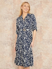Yumi Blue Floral Print Pleated Skater Dress With Buckle - Image 1 of 5