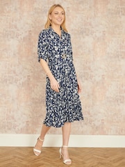 Yumi Blue Floral Print Pleated Skater Dress With Buckle - Image 2 of 5