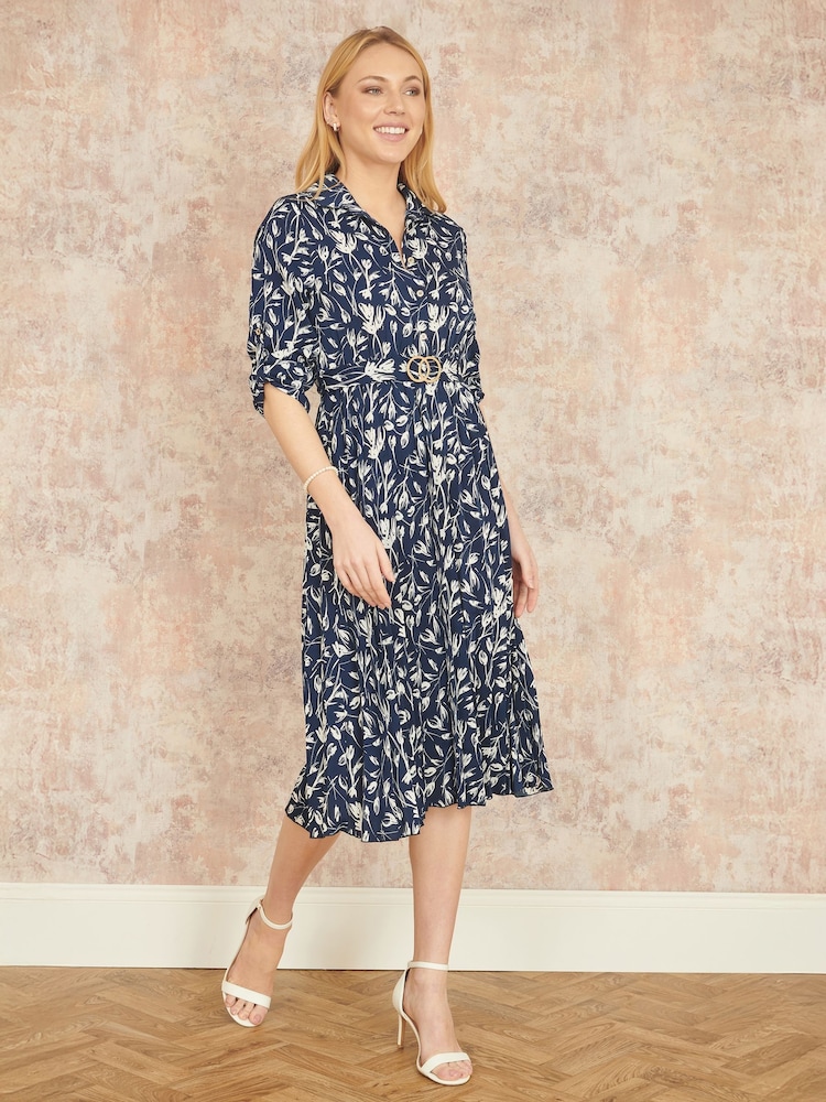 Yumi Blue Floral Print Pleated Skater Dress With Buckle - Image 2 of 5