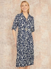 Yumi Blue Floral Print Pleated Skater Dress With Buckle - Image 3 of 5