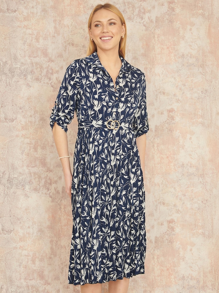Yumi Blue Floral Print Pleated Skater Dress With Buckle - Image 3 of 5