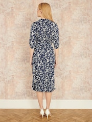 Yumi Blue Floral Print Pleated Skater Dress With Buckle - Image 4 of 5