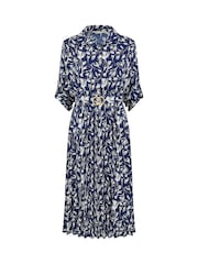 Yumi Blue Floral Print Pleated Skater Dress With Buckle - Image 5 of 5