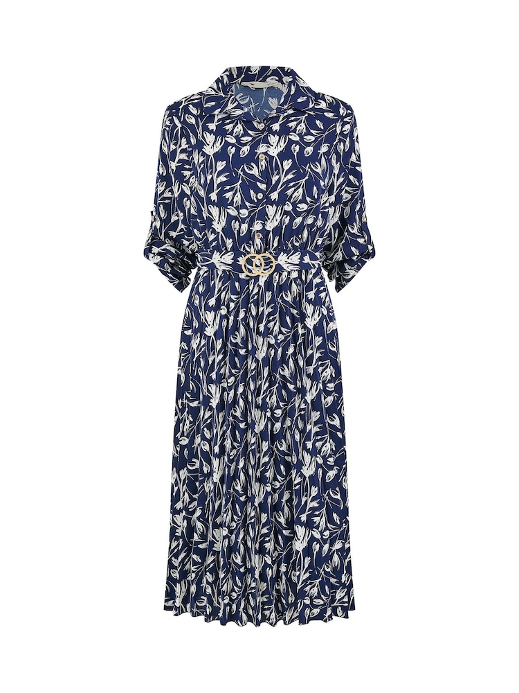 Yumi Blue Floral Print Pleated Skater Dress With Buckle - Image 5 of 5