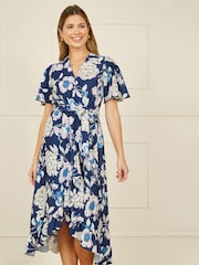 Yumi Blue Floral Print Midi Wrap Dress - Image 1 of 5