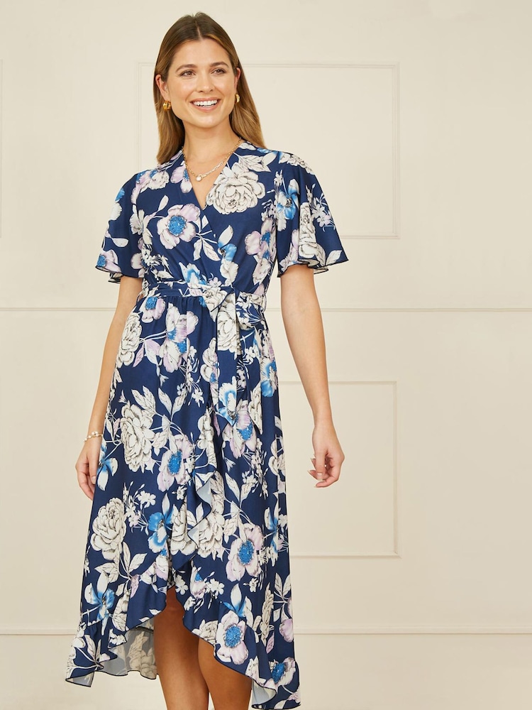 Yumi Blue Floral Print Midi Wrap Dress - Image 1 of 5