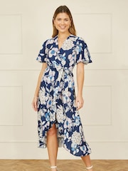 Yumi Blue Floral Print Midi Wrap Dress - Image 2 of 5