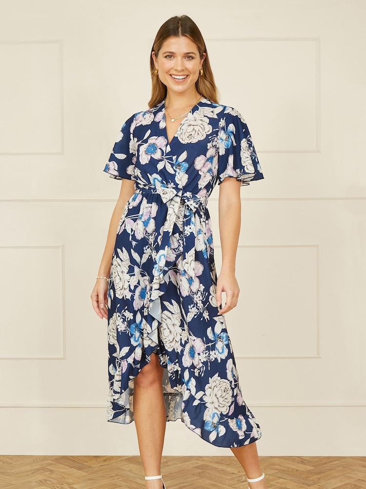 Yumi Blue Floral Print Midi Wrap Dress - Image 2 of 5