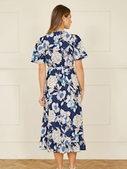 Yumi Blue Floral Print Midi Wrap Dress - Image 3 of 5